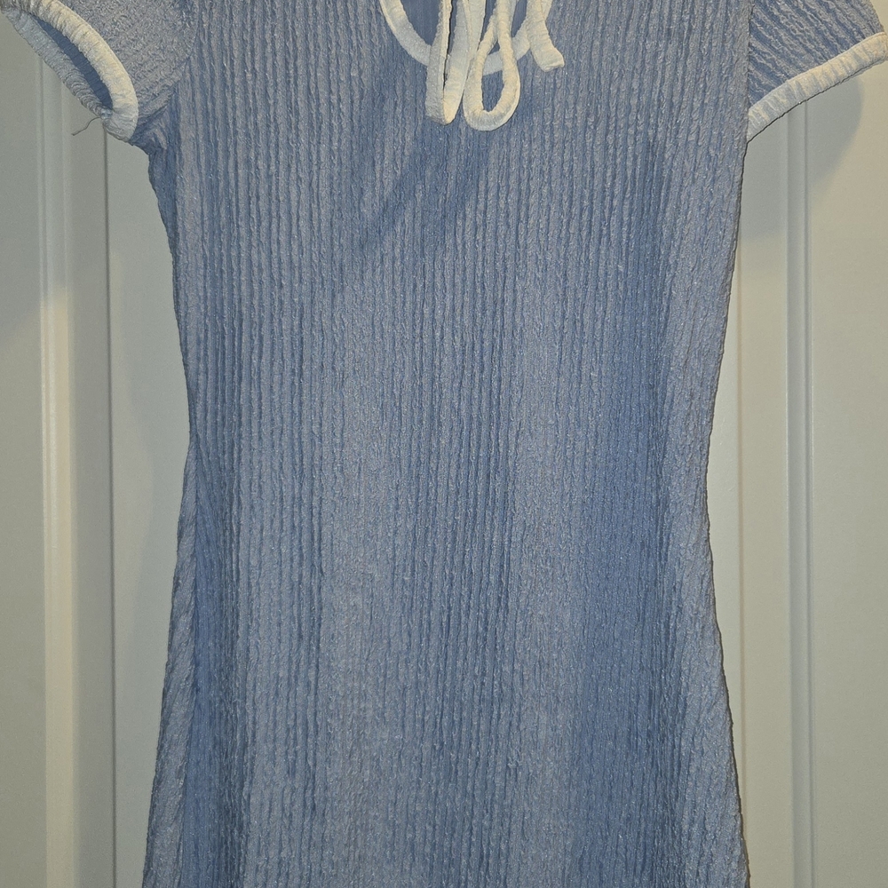 Blue Textured Dress with White Trim